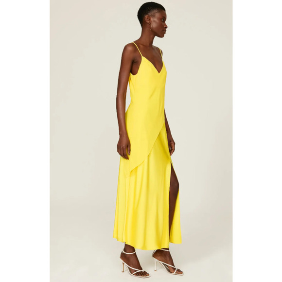 Saunders Collective Lara Dress Midi Side Slit Yellow  US 4 - Picture 2 of 15